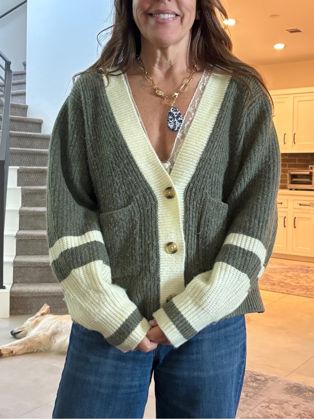 Design History Olive and Cream V-Neck Button Cardigan